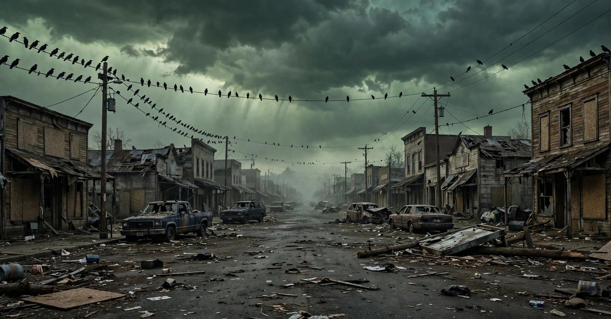 A deserted small-town main street under a green storm sky, crows gathered on the power lines